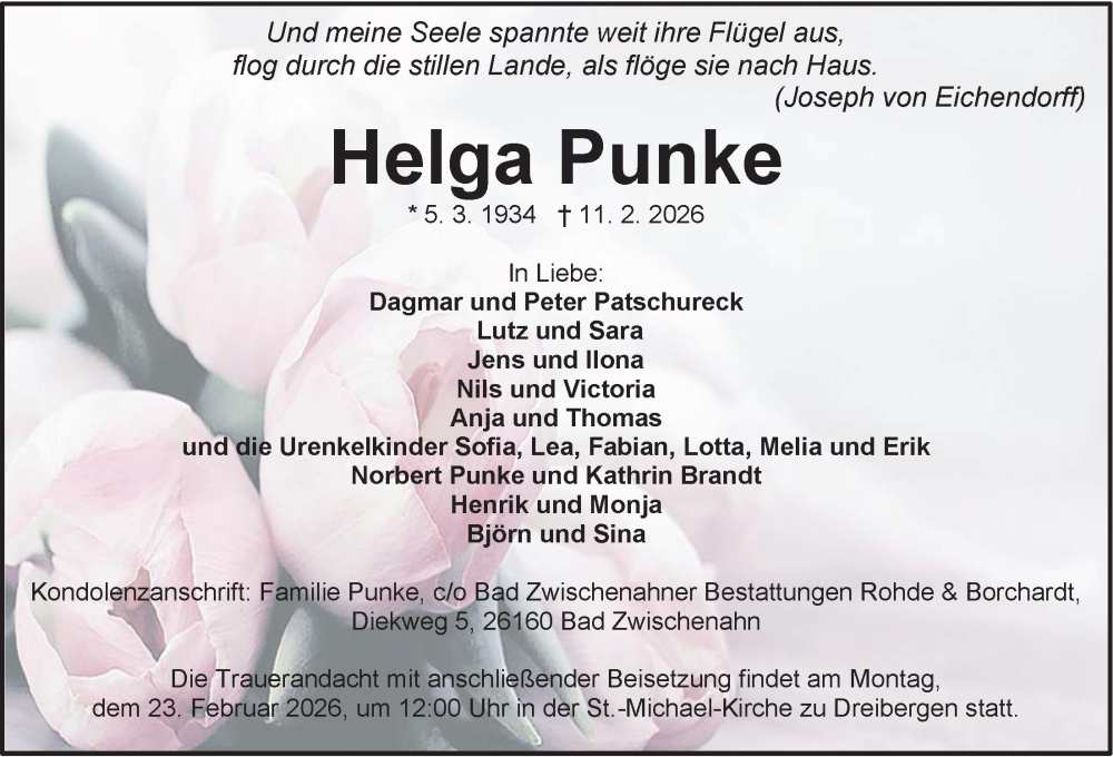  Traueranzeige für Helga Punke vom 14.02.2026 aus Nordwest-Zeitung