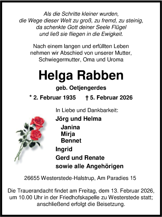 Traueranzeige von Helga Rabben von Nordwest-Zeitung