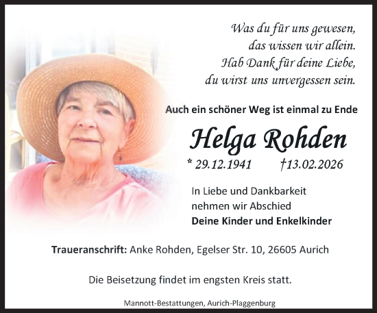 Traueranzeige von Helga Rohden von WZ/JW/AH