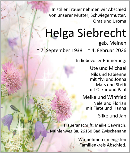 Traueranzeige von Helga Siebrecht von Nordwest-Zeitung