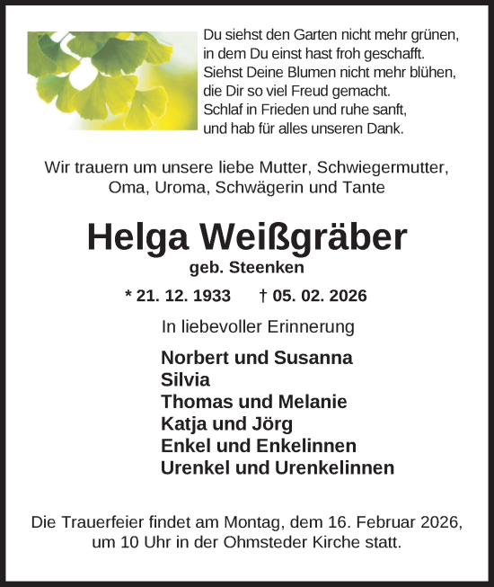 Traueranzeige von Helga Weißgräber von Nordwest-Zeitung