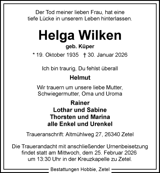 Traueranzeige von Helga Wilken von Nordwest-Zeitung