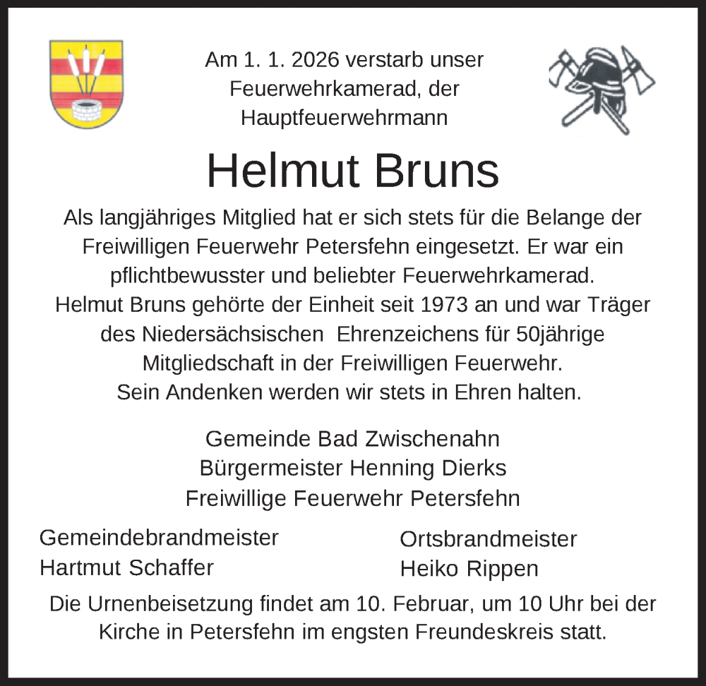  Traueranzeige für Helmut Bruns vom 03.02.2026 aus Nordwest-Zeitung