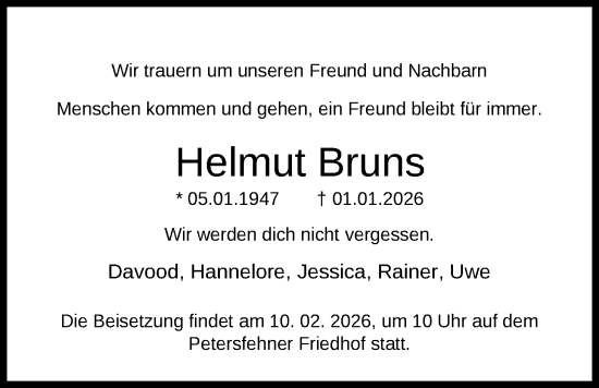 Traueranzeige von Helmut Bruns von Nordwest-Zeitung