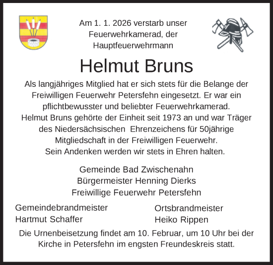 Traueranzeige von Helmut Bruns von Nordwest-Zeitung