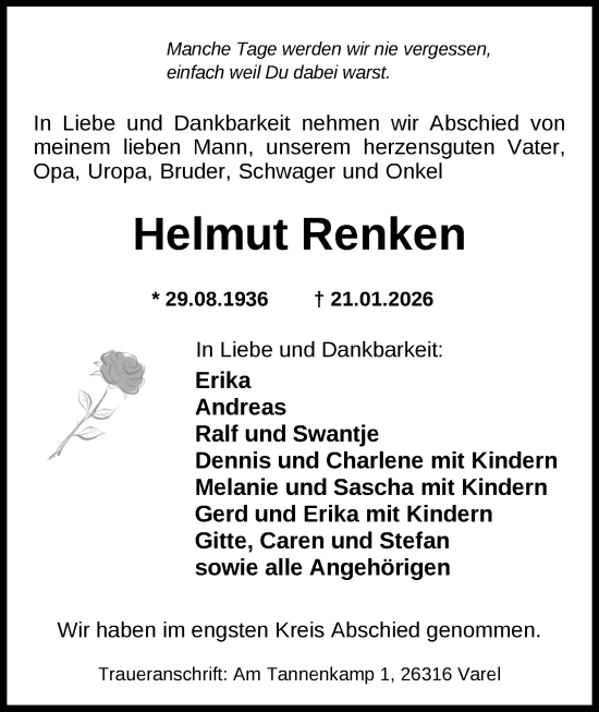 Traueranzeige von Helmut Renken von Nordwest-Zeitung