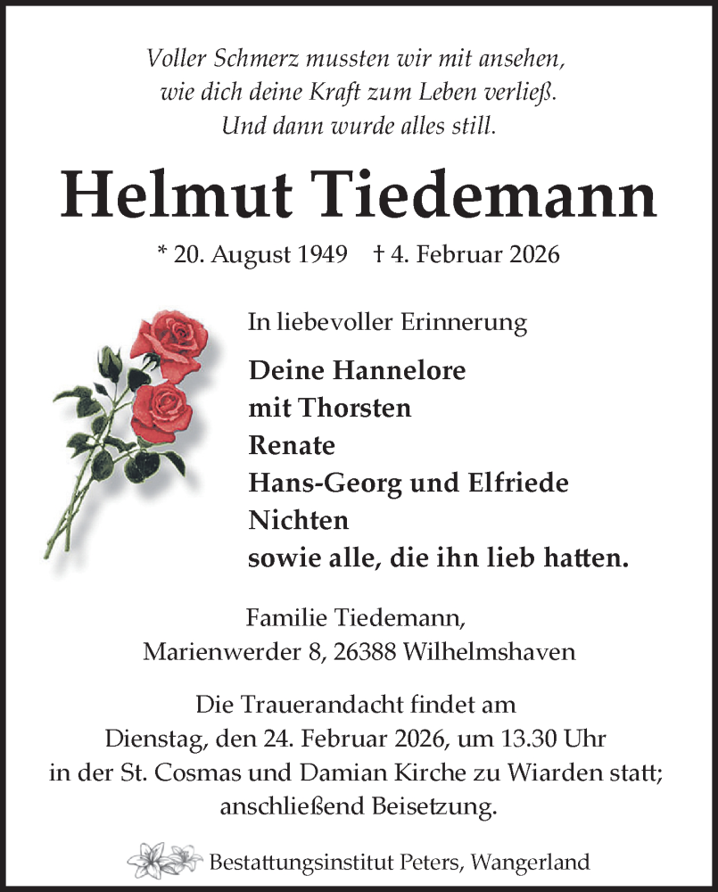  Traueranzeige für Helmut Tiedemann vom 11.02.2026 aus WZ/JW/AH