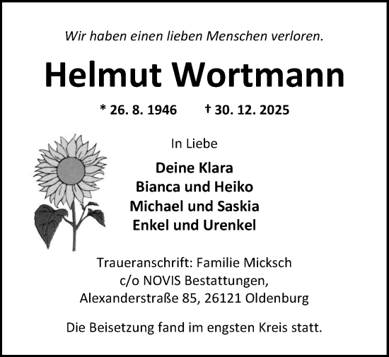 Traueranzeige von Helmut Wortmann von Nordwest-Zeitung