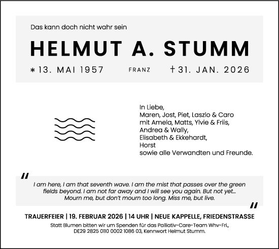 Traueranzeige von Helmut A. Stumm von WZ/JW/AH
