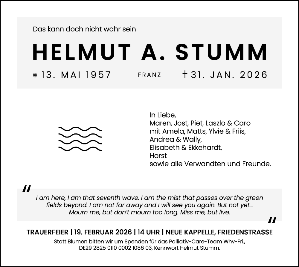  Traueranzeige für Helmut A. Stumm vom 07.02.2026 aus WZ/JW/AH