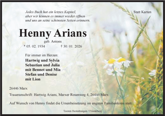 Traueranzeige von Henny Arians von WZ/JW/AH