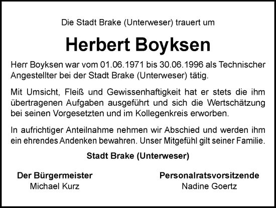 Traueranzeige von Herbert Boyksen von Nordwest-Zeitung