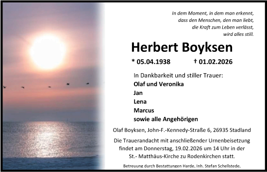 Traueranzeige von Herbert Boyksen von Nordwest-Zeitung