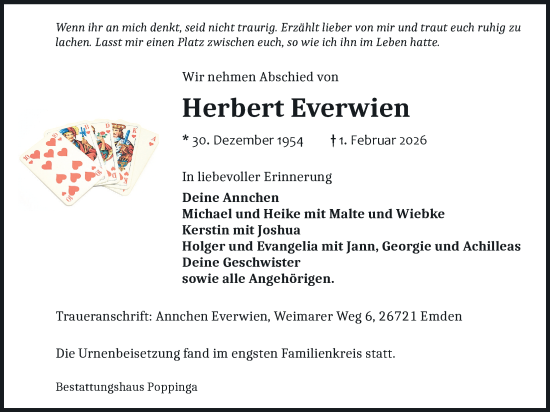 Traueranzeige von Herbert Everwien von Emder Zeitung