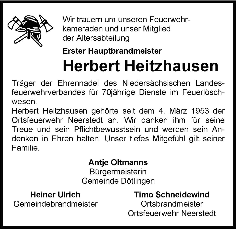  Traueranzeige für Herbert Heitzhausen vom 14.02.2026 aus Nordwest-Zeitung