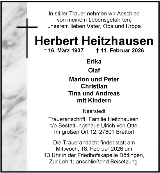 Traueranzeige von Herbert Heitzhausen von Nordwest-Zeitung