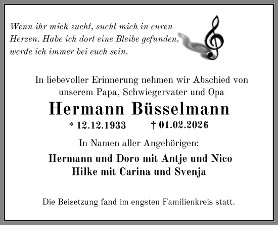 Traueranzeige von Hermann Büsselmann von WZ/JW/AH