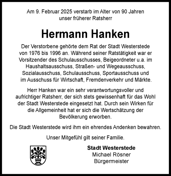Traueranzeige von Hermann Hanken von Nordwest-Zeitung