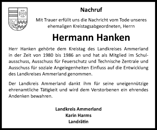 Traueranzeige von Hermann Hanken von Nordwest-Zeitung