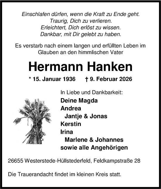 Traueranzeige von Hermann Hanken von Nordwest-Zeitung
