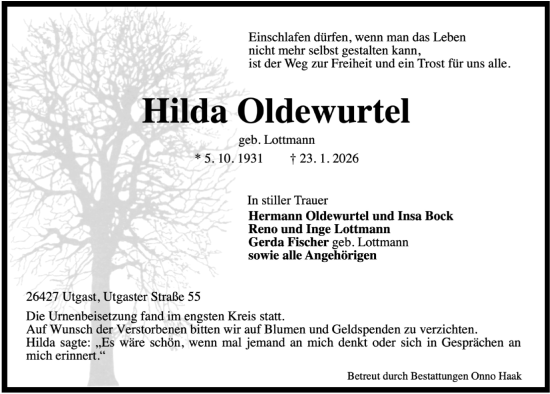 Traueranzeige von Hilda Oldewurtel von WZ/JW/AH