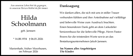 Traueranzeige von Hilda Schoolmann von Emder Zeitung