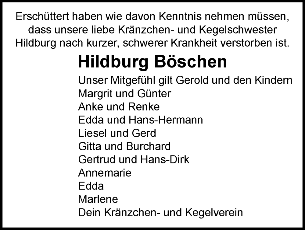  Traueranzeige für Hildburg Böschen vom 05.02.2026 aus Nordwest-Zeitung