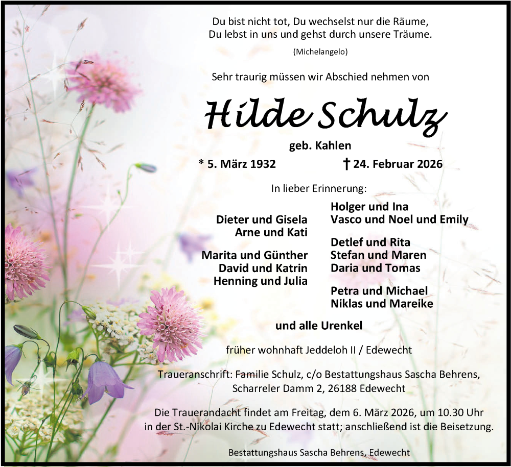 Traueranzeige für Hilde Schulz vom 27.02.2026 aus Nordwest-Zeitung