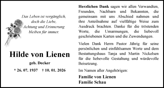 Traueranzeige von Hilde von Lienen von Nordwest-Zeitung