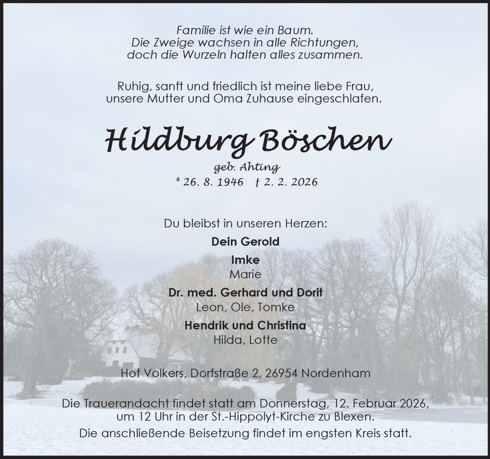  Traueranzeige für Hildeburg Böschen vom 04.02.2026 aus Nordwest-Zeitung