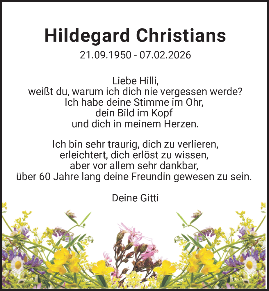  Traueranzeige für Hildegard Christians vom 10.02.2026 aus WZ/JW/AH