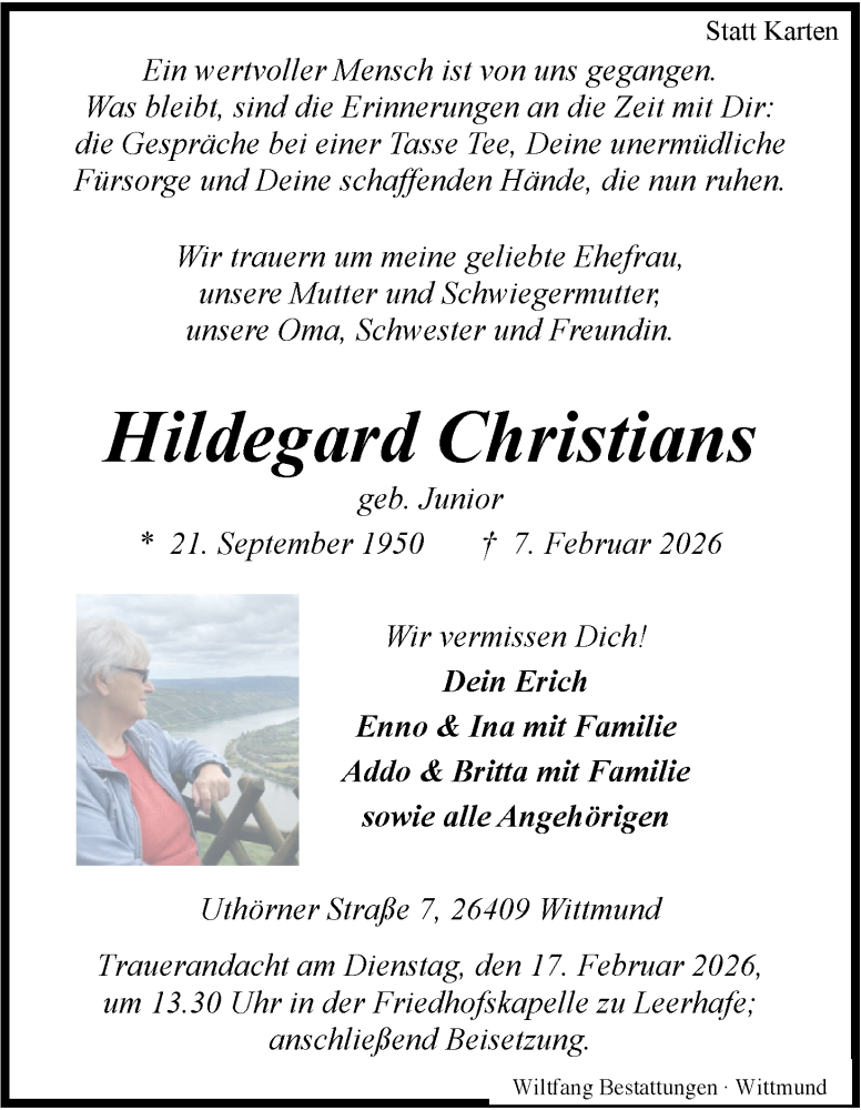  Traueranzeige für Hildegard Christians vom 10.02.2026 aus WZ/JW/AH