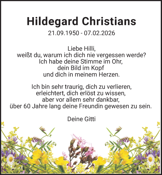 Traueranzeige von Hildegard Christians von WZ/JW/AH