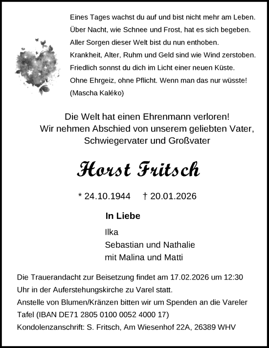 Traueranzeige von Horst Fritsch von Nordwest-Zeitung