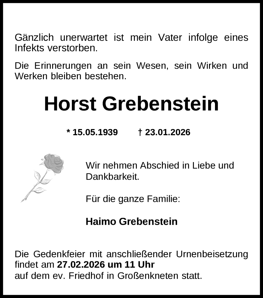  Traueranzeige für Horst Grebenstein vom 14.02.2026 aus Nordwest-Zeitung