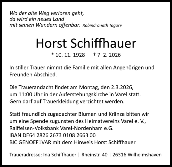 Traueranzeige von Horst Schiffhauer von Nordwest-Zeitung