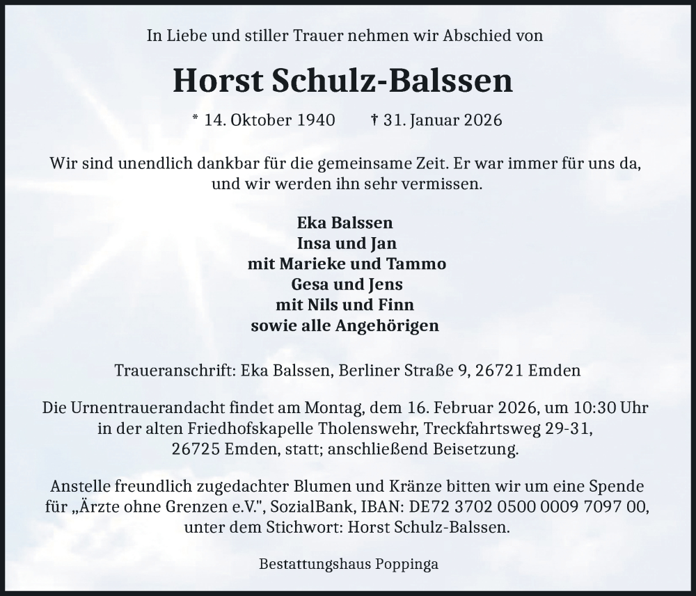  Traueranzeige für Horst Schulz-Balssen vom 07.02.2026 aus Emder Zeitung
