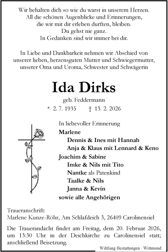 Traueranzeige von Ida Dirks von WZ/JW/AH