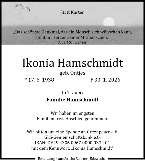 Traueranzeige von Ikonia Hamschmidt von Nordwest-Zeitung