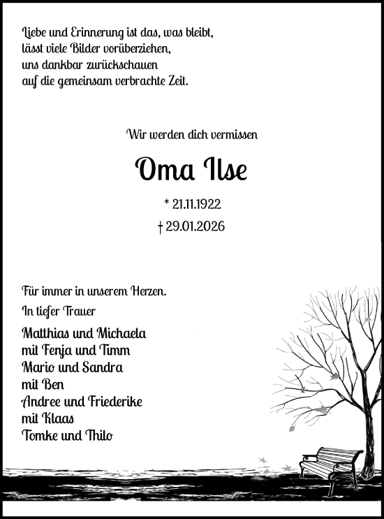 Traueranzeige von Ilse  von WZ/JW/AH