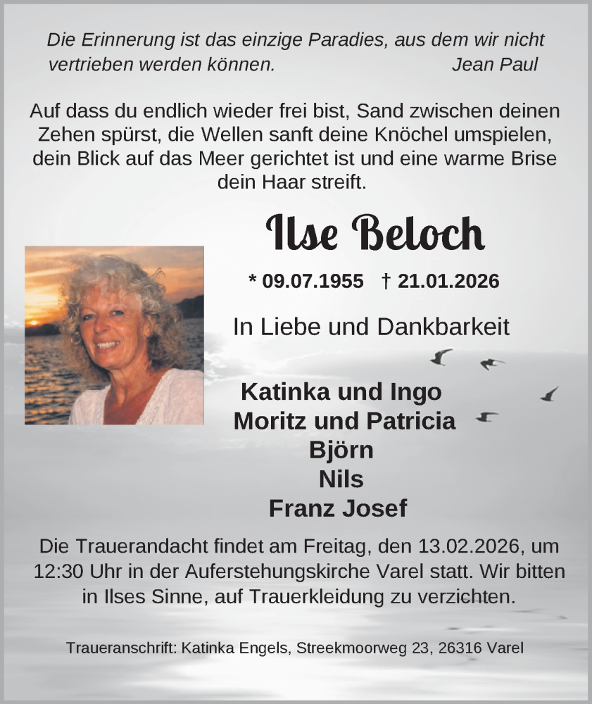 Traueranzeige für Ilse Beloch vom 07.02.2026 aus Nordwest-Zeitung