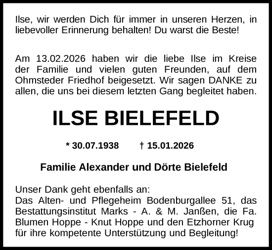 Traueranzeige von Ilse Bielefeld von Nordwest-Zeitung