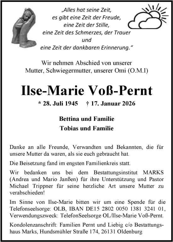 Traueranzeige von Ilse-Marie Voß-Pernt von Nordwest-Zeitung