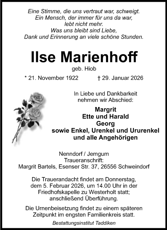 Traueranzeige von Ilse Marienhoff von WZ/JW/AH