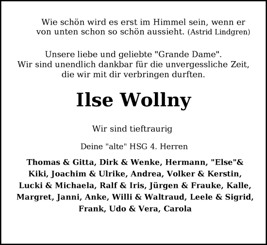 Traueranzeige von Ilse Wollny von WZ/JW/AH