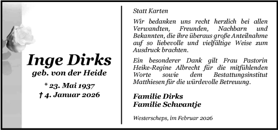 Traueranzeige von Inge Dirks von Nordwest-Zeitung