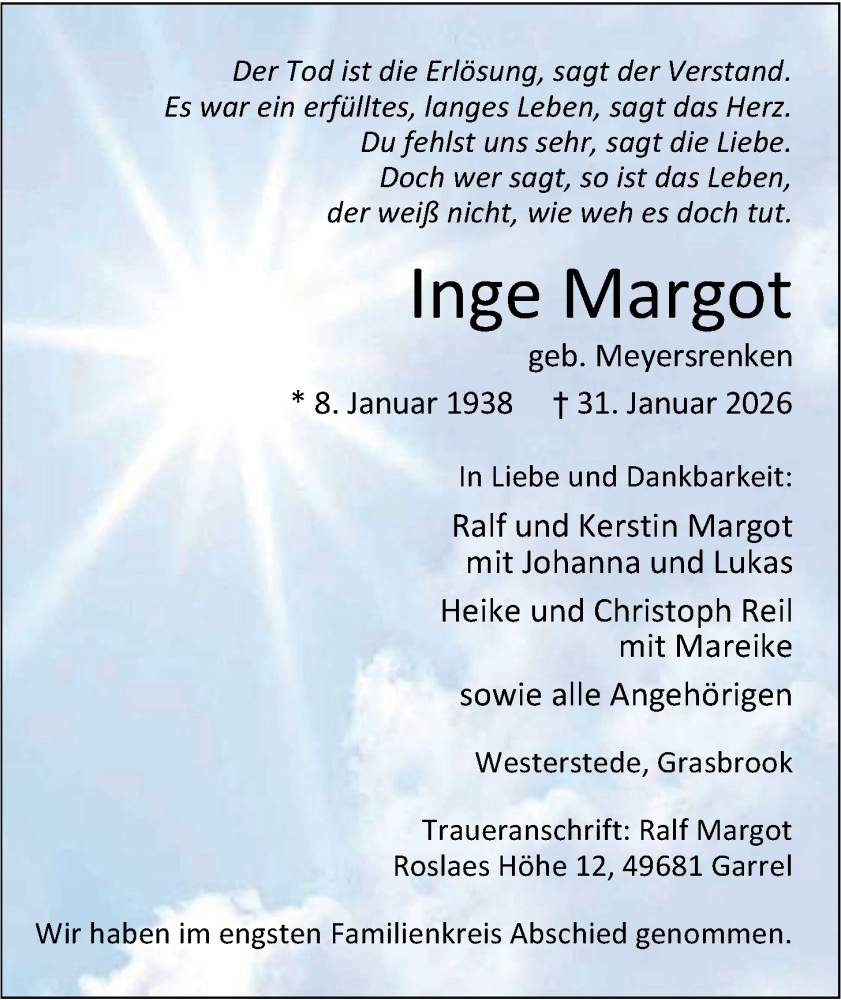  Traueranzeige für Inge Margot vom 14.02.2026 aus Nordwest-Zeitung
