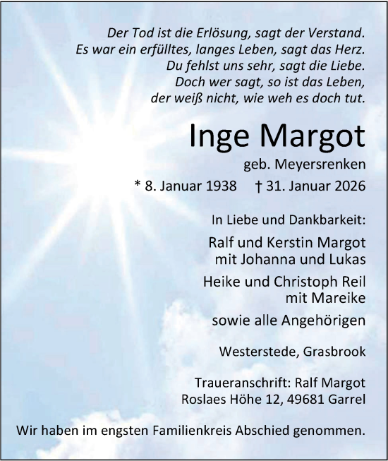 Traueranzeige von Inge Margot von Nordwest-Zeitung