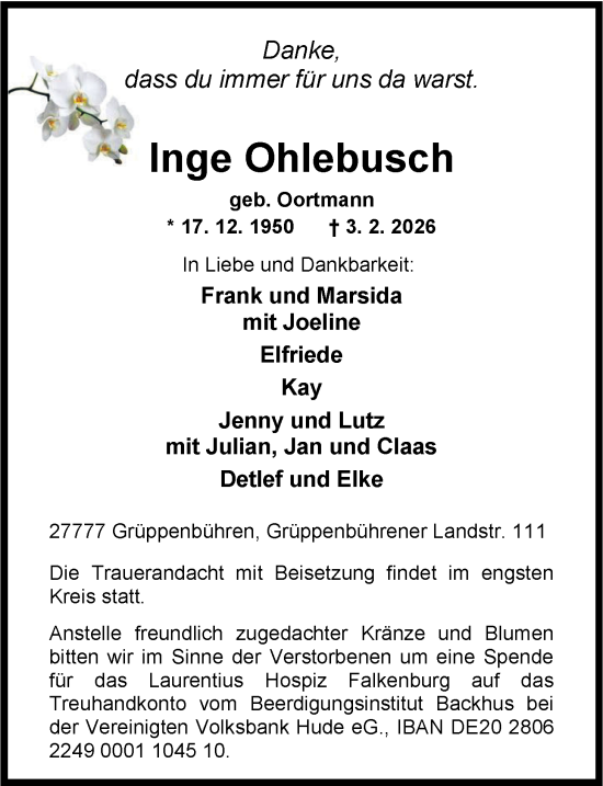 Traueranzeige von Inge Ohlebusch von Nordwest-Zeitung