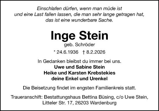 Traueranzeige von Inge Stein von Nordwest-Zeitung